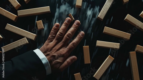 Overhead view of a businessman's hand preventing dominos from falling, symbolizing crisis management in business