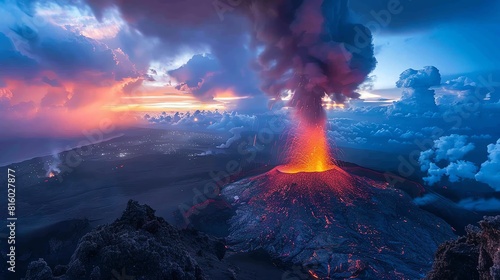 Capture the essence of danger in the fiery eruption of a volcano against the twilight sky