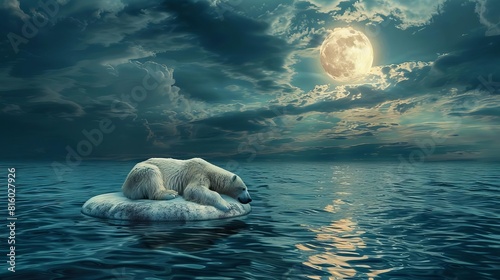surreal polar bear adrift on buoy in ocean climate change metaphor