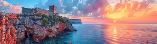 Convey the timeless beauty of a medieval castle, perched atop a rugged cliff overlooking the sea