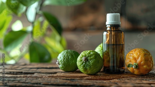 Essential Oil Bottle and Fresh Bergamot Fruits on Wood Table Room for Message