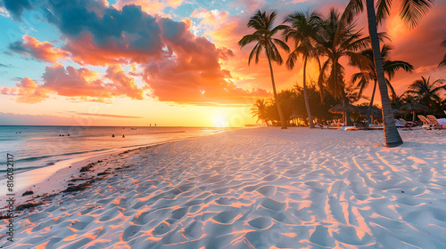 A stunning sunset on the white sandy beach of an island, with palm trees and colorful skies