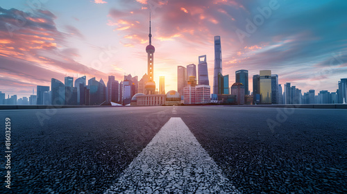 Asphalt road platform and city skyline with skyscraper at sunset in Shanghai China High Angle view : Generative AI