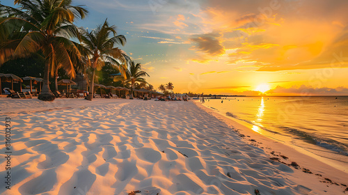 A stunning sunset on the white sandy beach of an island, with palm trees and colorful skies
