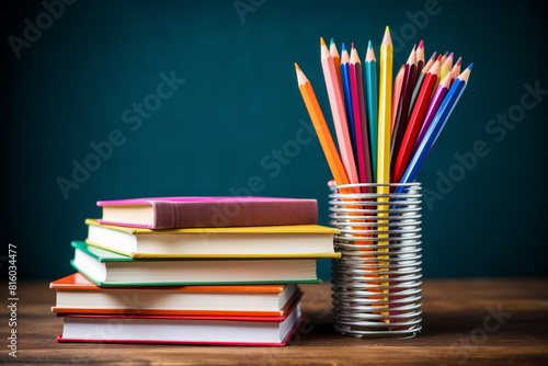 A stack of school books, stationery. Back to school concept.