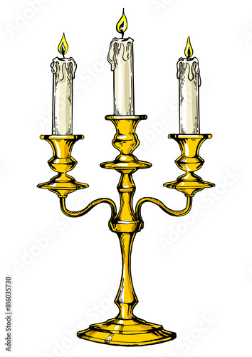 Vintage candelabrum with candles color sketch engraving PNG illustration. T-shirt apparel print design. Scratch board imitation. Black and white hand drawn image.