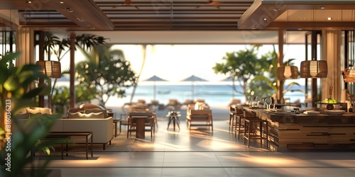 selective focus luxury courtyard of sea side resort with sea view travelling, Generative Ai