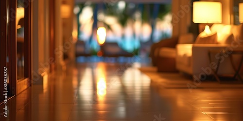 selective focus luxury courtyard of sea side resort with sea view travelling, Generative Ai
