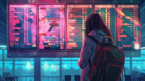 young woman checking flight information on airport departure board ready for exciting travel adventure digital illustration