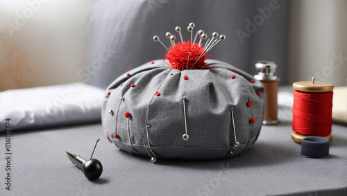 A gray pincushion is on a table with a red tomato-shaped pincushion next to it. The gray pincushion has red and silver pins stuck in it.