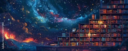 A cosmic library floating amidst the stars, its shelves filled with the collective knowledge of civilizations spanning the galaxy. illustration.