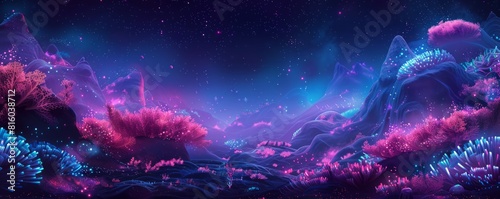 An alien landscape where bioluminescent flora carpet the ground, casting an ethereal glow on the strange creatures that inhabit this otherworldly realm. illustration.