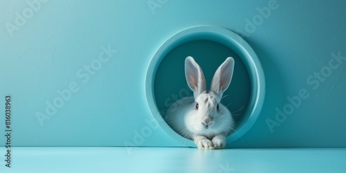 dorable bunny ears popping out from a circular cut-out in a bright blue surface. Easter concept. illustration