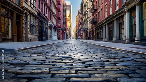 New York City old SoHo Downtown paving stone street with retail stores and luxury apartments : Generative AI
