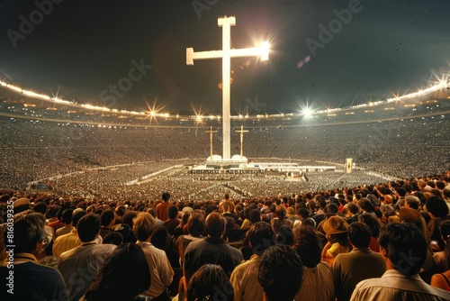 crowd of people attending religious event in stadium with large cross photo