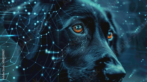 A lost pet with a biometrically generated image, emphasizing the use of technology in finding missing animals. Dog immersed in a vibrant digital interface