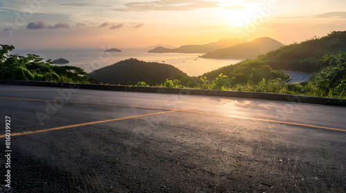 Asphalt road square and beautiful coastline with mountain natural landscape at sunset High Angle view : Generative AI