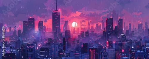 A retro-futuristic metropolis pulsating with life and energy, where towering skyscrapers and bustling streets are alive with the hum of technology. illustration.