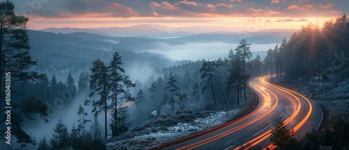 Long exposure photography capturing car headlights and traffic lights on a winding road through pine trees, in a foggy valley at sunset 8K , high-resolution, ultra HD,up32K HD