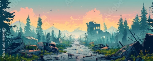 A post-apocalyptic wilderness reclaimed by nature, where crumbling highways are overgrown with vegetation and wildlife roams freely among the ruins of civilization. illustration.