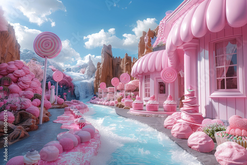 A fantasy candy land with pink buildings, ice cream clouds and lollipops everywhere. Created with Ai
