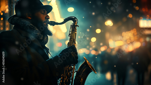 A street musician playing a saxophone under a dim streetlight, the soulful notes creating an emotional connection with the gathered crowd. Dynamic and dramatic composition, with co