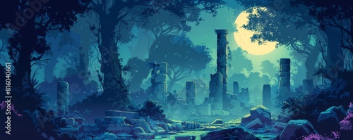 A mystical forest filled with ancient ruins and forgotten temples, where whispering winds and shifting shadows conceal secrets of the past, and creatures of legend roam amidst the overgrown foliage.