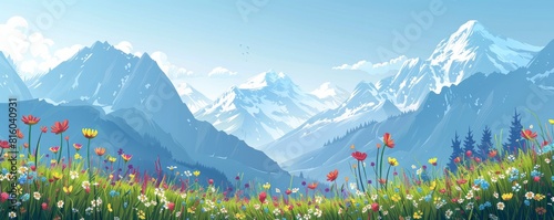 A serene alpine meadow dotted with colorful wildflowers, overlooked by snow-capped peaks. illustration.