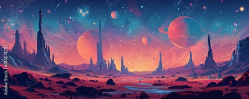An alien landscape dotted with strange rock formations and towering spires, with a sky filled with multiple moons and swirling nebulae. illustration.