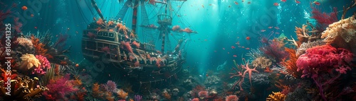 Underwater scene of a sunken pirate ship