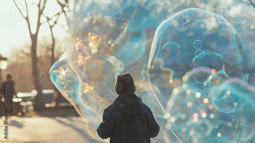 A bubble artist creating enormous bubbles that catch the light and enchant children and adults in the city park. Dynamic and dramatic composition, with copy space