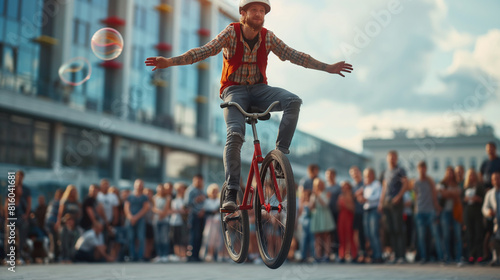 A unicyclist balancing skillfully while juggling, the impressive act drawing smiles and cheers from the crowd. Dynamic and dramatic composition, with copy space