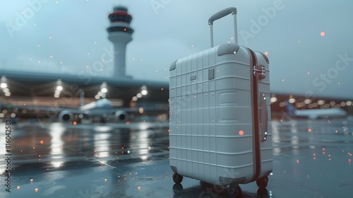 Suitcase on waterlogged surface by airport building