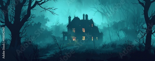 A haunted mansion engulfed in fog, with crumbling walls and shadowy corridors concealing the restless spirits that haunt its halls. illustration.