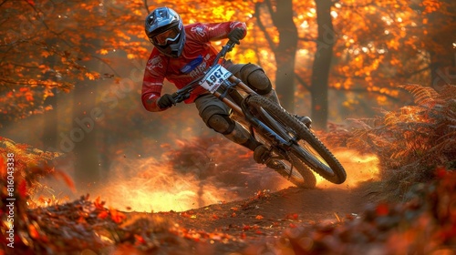 Adventurous mountain biker executing a thrilling jump amidst misty forest trails