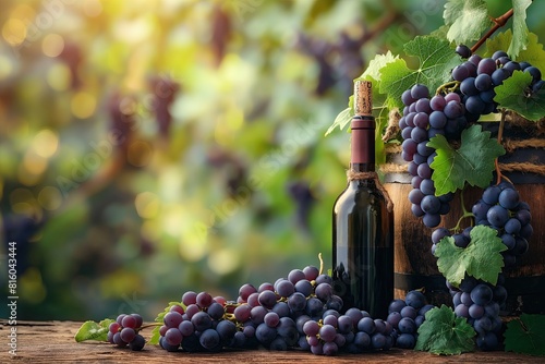 A classic wine bottle alongside ripe grapes on a rustic wooden table, set against a blurred vineyard backdrop..