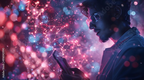 A man staring at a mobile phone with bright city lights behind