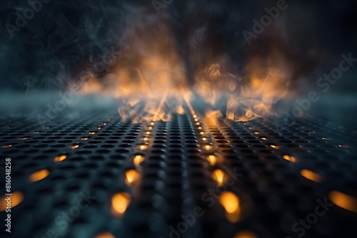 Flames and smoke billowing from a close-up grill