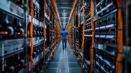 An engineer walks through the narrow aisle of a modern data center, surrounded by high-tech server racks and colorful cabling, ensuring system functionality..