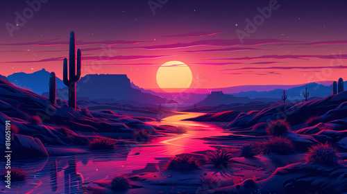 illustration of a sunset in the desert with a cactus psychedelic style