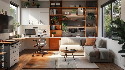 Compact living space turned into an efficient home office with foldable furniture and smart storage solutions, contemporary, watercolor