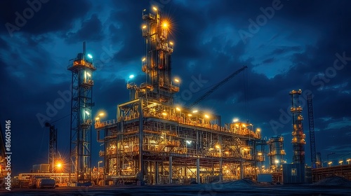 Stunning night-time view of a fully operational oil refinery, glowing with lights against a dramatic evening sky..