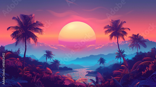 tropical sunset with palm trees psychedelic style