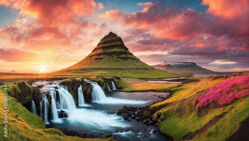 Iceland Landscape spring panorama at sunset - 
