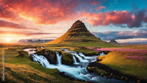 Iceland Landscape spring panorama at sunset - 
