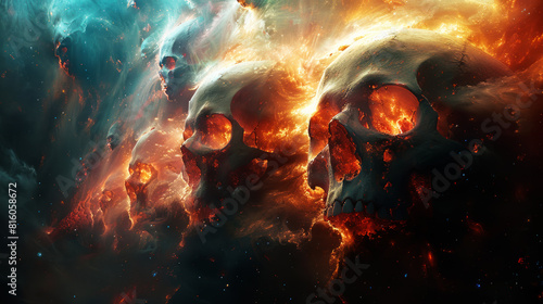 Skulls in space nebula, afterlife, bad hallucinogenic trip concept