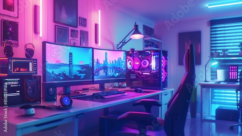 Hightech home office with dual monitors, ergonomic setup, and ambient neon lighting reflecting a futuristic workspace Style Futuristic, Color Neon blue, Technique Digital art