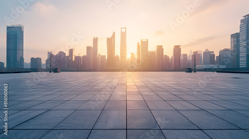 Empty square floors and city skyline with modern buildings at sunset in Suzhou Jiangsu Province China high angle view : Generative AI