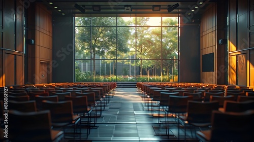 Tranquil University Lecture Hall with Scenic Outdoor Views for Wellness Presentation