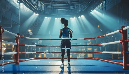 African-American woman wearing boxing gloves standing inside a blue boxing ring with bright lights shining 